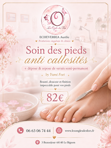 Soin des pieds anti callosités + Manucure russe + Dépose + repose de vernis semi permanent 82€ttc