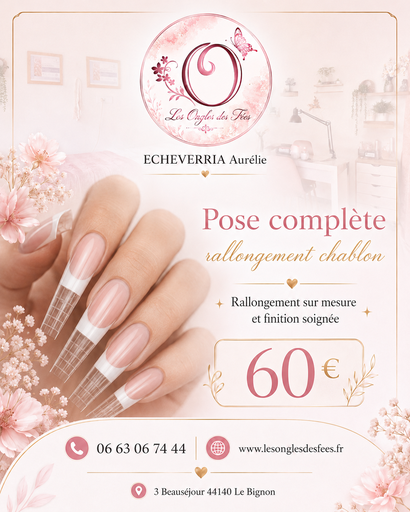 Pose complète gel avec rallongement chablon 60€ttc